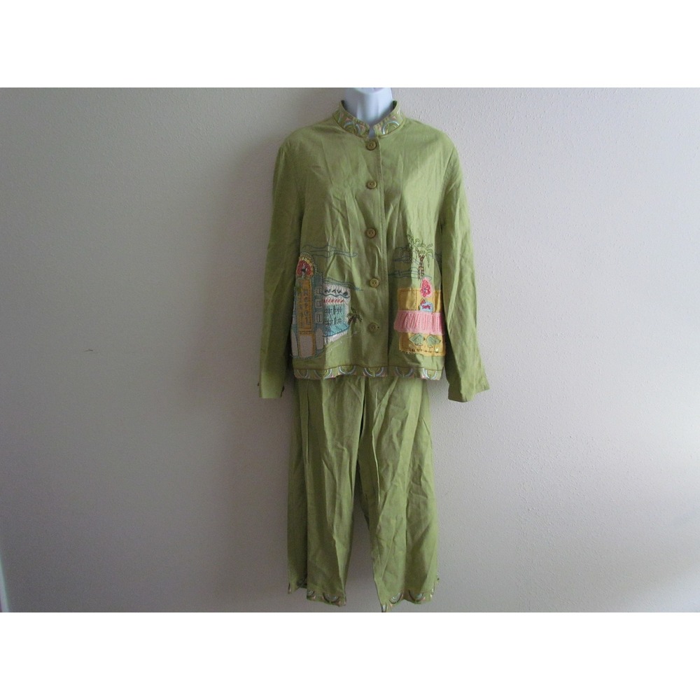 Ruby Rd Pant Set Size 10 Green Linen Blend Embroidered Tropical Coastal Beachy